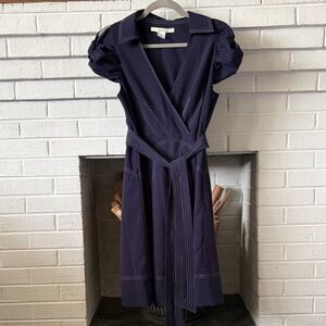 Ark & Co Navy Wrap Midi Dress with Puff Sleeves